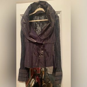 Gorgeous Black & Gold Blouse With See Through Back And Puffed Collar Size M Nwot